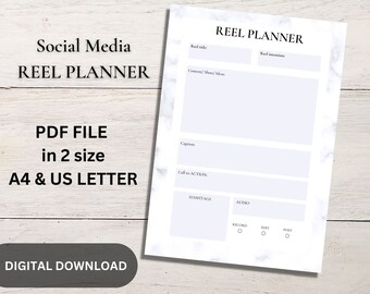 May include: A printable social media reel planner with a marble background. The planner includes sections for reel title, reel intention, content, caption, call to action, hashtags, audio, and a checklist for recording, editing, and posting.