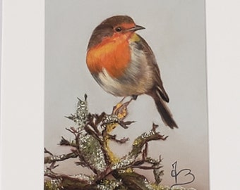 Portrait d'oiseau, rouge gorge, tableau peint aux pastels sec, pour décoration intérieure, thème nature animale, oiseau,