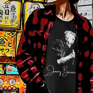 Camiseta de Jimmy Barnes cantando rock / Camiseta con ilustración de Barnesy y nombre en estilo característico.