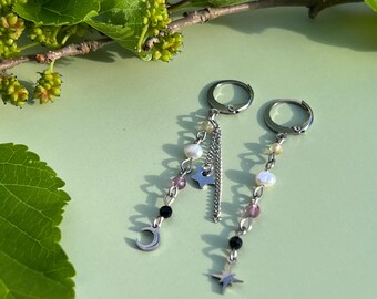 Pendientes de cristal celestial del orgullo no binario: joyería LGBTQ de acero inoxidable, perla de agua dulce, citrino, turmalina, amatista.