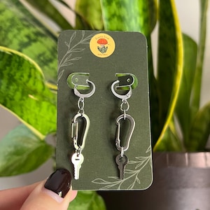 Silver Carabiner Key Earrings: Stainless Steel Punk Huggie Earrings