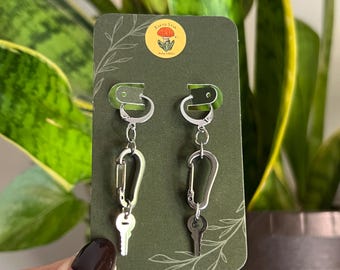 Silver Carabiner Key Earrings: Stainless Steel Punk Huggie Earrings, Non Tarnish, Hypoallergenic, Tariff Free