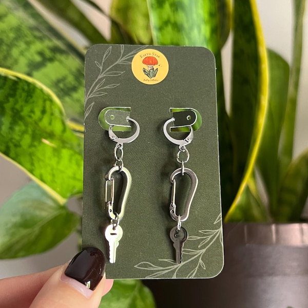 Silver Carabiner Key Earrings: Stainless Steel Punk Huggie Earrings, Non Tarnish, Hypoallergenic, Tariff Free