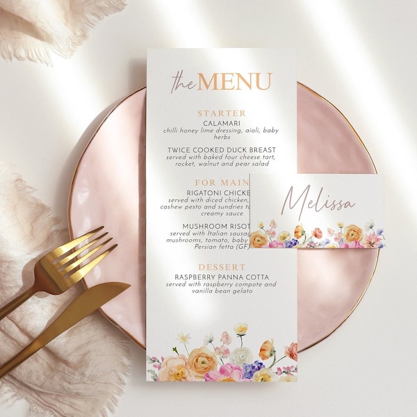 Pink Flower Menu and Place Card Set Customizable Bridal Shower Template High Tea Wildflower Menu Floral Instant Download #005