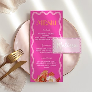 Juego de menú y tarjeta de ubicación con ondas rosas Plantilla de menú y tarjeta de nombre con ondas personalizables Paquete de menú con flores naranjas Descarga digital n.° 014