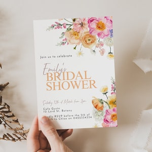 Bridal Shower Flower Invitation Birthday Party Minimalist Invite Orange and Pink Bright Floral Editable Invite Digital Download #005