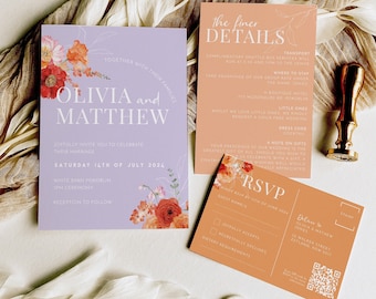 May include: A purple and white wedding invitation with floral illustrations. The invitation reads "Olivia and Matthew" and includes the date "Saturday 14th of July 2024". A matching RSVP card is in orange and white with a QR code.