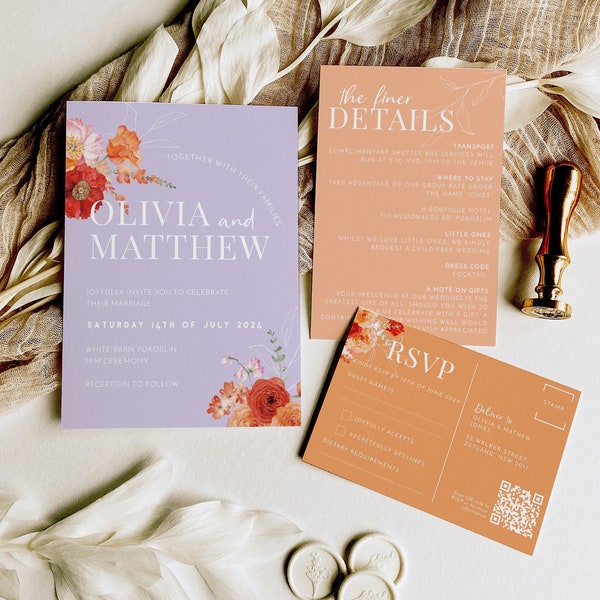 Minimal Wedding Invitation Set Customizable Modern Purple and Orange Wedding Invite QR code Details and Rsvp Card Editable Template #011
