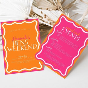 Hens Weekend Wavy Invite Orange und Pink Bachelorette Wochenende Einladung Helle Dreifachwelle Bearbeitbar Einladen Digital Download #004