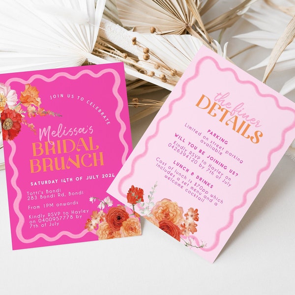 Pink Bridal Shower Wavy Invite Customizable Wave Border Hens/Bachelorette Invitation Template Bridal Brunch Editable Download #014