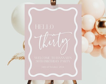 30th Birthday Welcome Sign Template, Pink Birthday Sign, Editable Party Decor, Instant Download, Retro Wavy