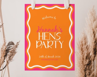 Hens Welcome Sign Wavy Bachelorette Party Welcome Sign Orange and Pink Triple Wave Editable Sign Fully Editable Digital Download #004