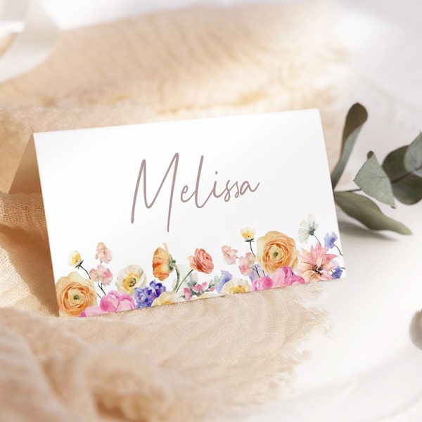 Place Card with Flowers Modern Minimalist Name Card Editale Orange and Pink Colourful Place Card Bright Floral Editable Name Cards #005