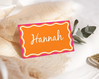 Wavy Fiesta Place Card Template: Orange, Pink (Digital Download)