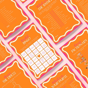 Modèle de lot de jeux de fête poules ondulées rose et orange jeux de douche nuptiale 16 jeux de Bachelorette Premade Triple vague téléchargement numérique #004