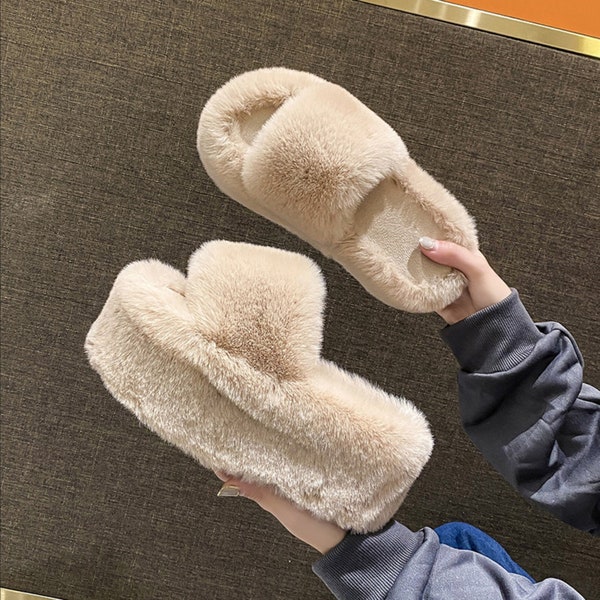 Furry Flip Flop Lounge Slippers, Comfy Slip On Slippers, Warm And Cozy Home Footwear, Padded insole Slippers, Womens Plush Footwear