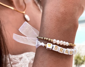 JGA-Organza-Armbänder „BRAUT & TEAM" weiß/gold Acryl- und Glasperlen auf Organzaband - handmade