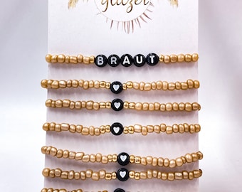 JGA-Armbänder „BRAUT & HERZ" sand, gold und schwarz, Acryl- und Glasperlen auf elastischem Silikonband - handmade