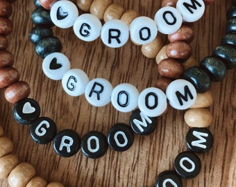 BRÄUTIGAM-Armband „GROOM" mit Holzperlen in Beige, Braun oder Dunkelgrau auf elastischem Band - handmade