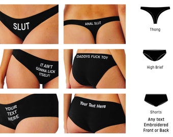 Personalised Embroidered Black Laides Knickers, choice of size, thong, brief or shorts. Any Text, rude or funny as you want. Front or Back