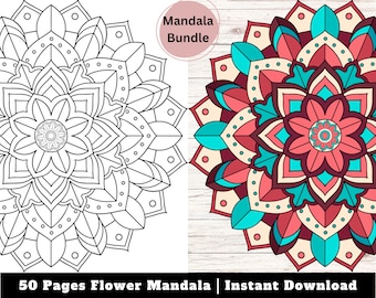 Bundel bloemenmandala kleurplaten, stressverlichtingsactiviteit (digitale download)