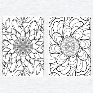 May include: Two black and white coloring pages featuring intricate floral designs. The first page features a sunflower with a mandala in the center. The second page features a stylized flower with a mandala in the center.