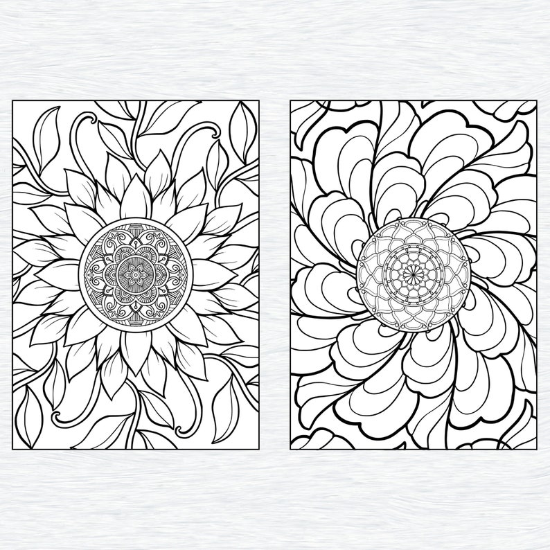 May include: Two black and white coloring pages featuring intricate floral designs. The first page features a sunflower with a mandala in the center. The second page features a stylized flower with a mandala in the center.