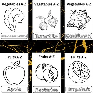 Puede incluir: Dibujos en blanco y negro de varias frutas y verduras. Las im&aacute;genes est&aacute;n etiquetadas con el nombre de cada fruta o verdura. El texto "Vegetables A-Z" y "Fruits A-Z" aparece en la parte superior de cada columna.