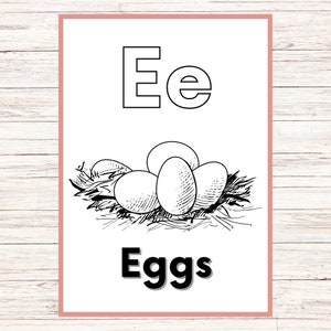 May include: Black and white illustration of the letter E and the word "Eggs" with a drawing of eggs in a nest.