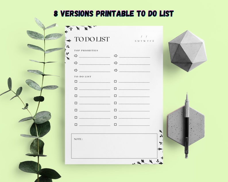 May include: Printable to-do list with a black and white floral border. The list includes sections for top priorities and to-do items. It also has a space for notes and a small calendar for the days of the week.