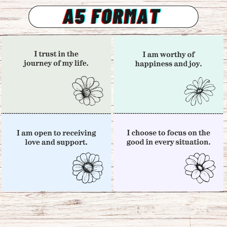 May include: Four affirmation cards with a light green, light blue, and light purple background. Each card features a black and white illustration of a daisy and a positive affirmation. The affirmations are: "I trust in the journey of my life." "I am worthy of happiness and joy." "I am open to receiving love and support." "I choose to focus on the good in every situation."
