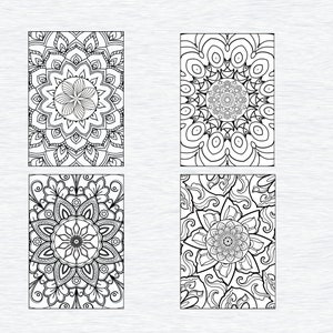 May include: Four black and white mandala designs. Each design features intricate patterns and details. The mandalas are arranged in a grid pattern.
