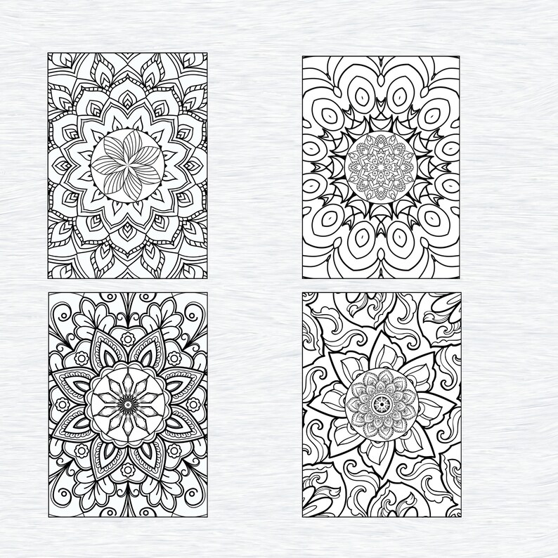 May include: Four black and white mandala designs. Each design features intricate patterns and details. The mandalas are arranged in a grid pattern.