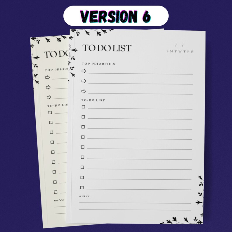 May include: A black and white to-do list printable with floral accents. The printable has sections for top priorities, to-do list, and notes. It also includes a calendar section for the days of the week.