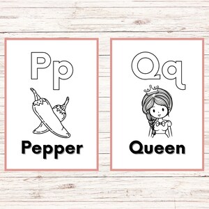 May include: Black and white printable alphabet flash cards featuring the letters P and Q. The letter P is paired with a pepper and the word "Pepper". The letter Q is paired with a queen and the word "Queen".