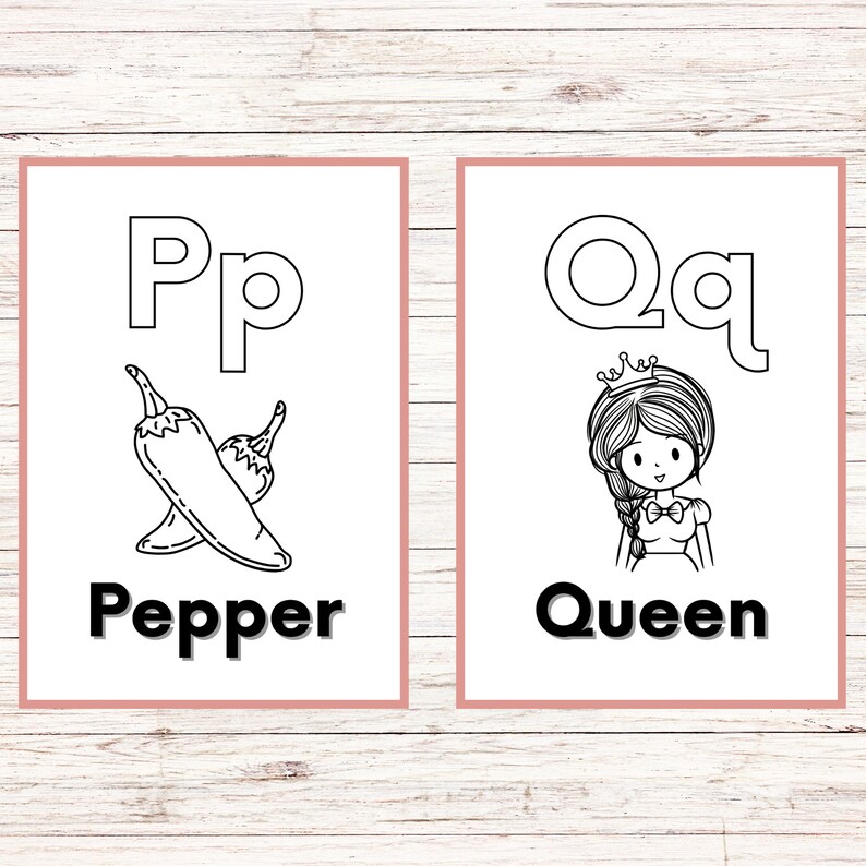 May include: Black and white printable alphabet flash cards featuring the letters P and Q. The letter P is paired with a pepper and the word "Pepper". The letter Q is paired with a queen and the word "Queen".