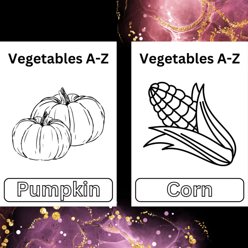 Puede incluir: Dos dibujos en blanco y negro de verduras. El primer dibujo es de una calabaza y el segundo dibujo es de una mazorca de ma&iacute;z. El texto "Vegetables A-Z" aparece en la parte superior de cada dibujo. El texto "Pumpkin" aparece debajo del primer dibujo y el texto "Corn" aparece debajo del segundo dibujo.