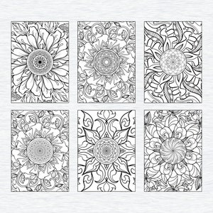 May include: Six black and white mandala designs with intricate floral patterns. Each design features a central circle with a smaller mandala inside.