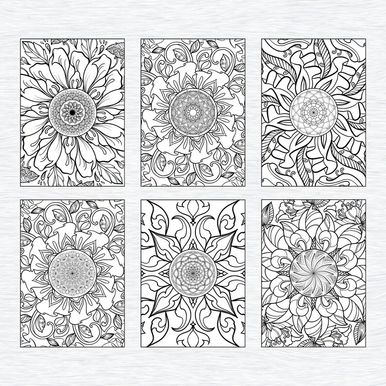 May include: Six black and white mandala designs with intricate floral patterns. Each design features a central circle with a smaller mandala inside.