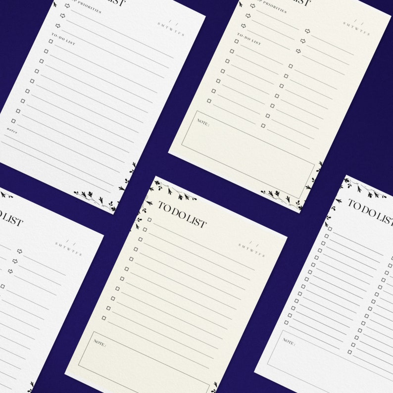 May include: Four printable to-do list templates with a floral border. Each template has a section for priorities, a to-do list, and a note section.