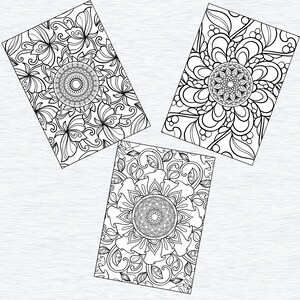 May include: Three black and white printable coloring pages featuring intricate mandala designs with floral patterns.