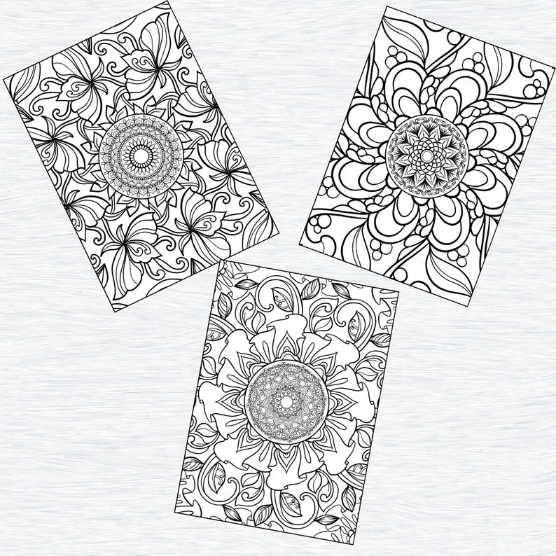 May include: Three black and white printable coloring pages featuring intricate mandala designs with floral patterns.