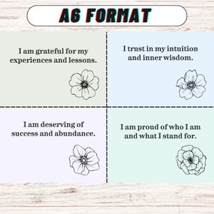 May include: Four affirmation cards with floral illustrations and positive messages. The cards are in a grid format with a light green, light blue, light purple, and light green background. The text on the cards reads: "I am grateful for my experiences and lessons." "I trust in my intuition and inner wisdom." "I am deserving of success and abundance." "I am proud of who I am and what I stand for."
