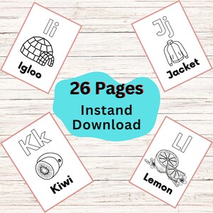 May include: Black and white printable alphabet flashcards with illustrations. The flashcards feature the letters Ii, Jj, Kk, and Ll with corresponding images of an igloo, jacket, kiwi, and lemon. The text "26 Pages Instant Download" is also included.
