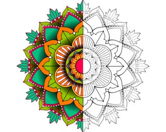 Puede incluir: Un diseño de mandala colorido con detalles intrincados. La mitad del mandala está coloreada con tonos vibrantes de verde, naranja, rojo y blanco, mientras que la otra mitad se deja en blanco para colorear.