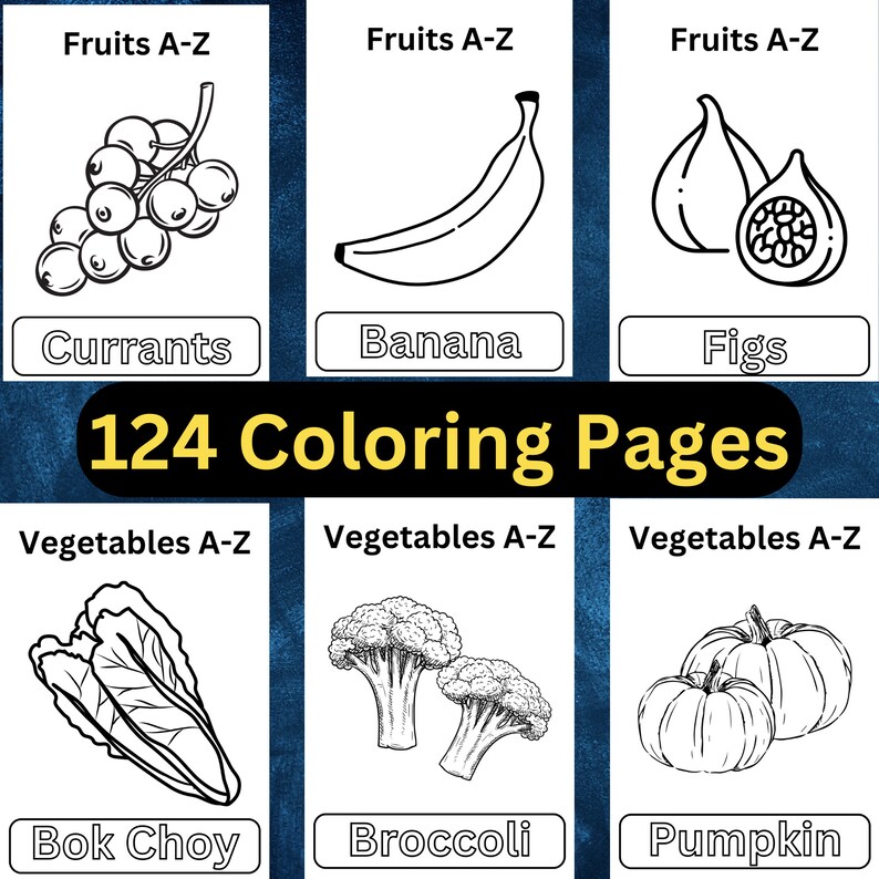 Puede incluir: P&aacute;ginas para colorear en blanco y negro con frutas y verduras. Las frutas son grosellas, pl&aacute;tano e higos. Las verduras son bok choy, br&oacute;coli y calabaza. El t&iacute;tulo de la p&aacute;gina es "124 P&aacute;ginas para colorear".