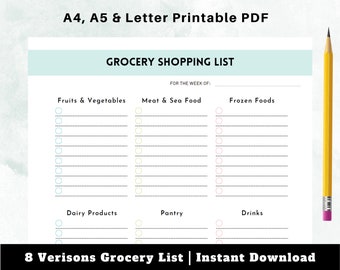 May include: Printable grocery shopping list template in PDF format. The list is divided into categories: Fruits & Vegetables, Meat & Sea Food, Frozen Foods, Dairy Products, Pantry, and Drinks. Each category has a checklist with blank lines for writing items.