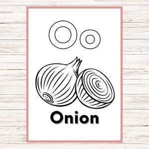 May include: Black and white line drawing of an onion with the word "Onion" below it. The image is a coloring page for children.