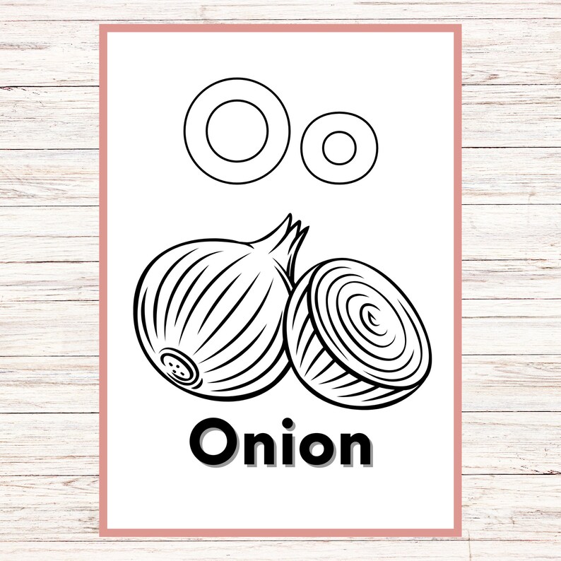 May include: Black and white line drawing of an onion with the word "Onion" below it. The image is a coloring page for children.