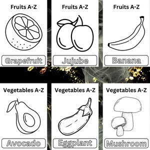 Puede incluir: Dibujos en blanco y negro de frutas y verduras. Las frutas son pomelo, azufaifo y pl&aacute;tano. Las verduras son aguacate, berenjena y champi&ntilde;&oacute;n.
